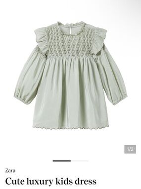 Zara Sage Green Smocked Ruffle Long-Sleeve Dress